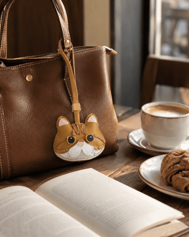 Handmade leather cat face bag charm in a cozy coffee shop setting