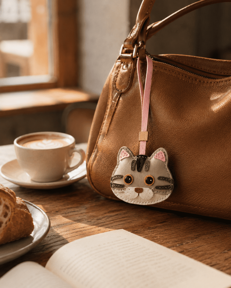 Handmade gray leather cat bag charm hanging on a brown leather handbag in a warm coffee shop