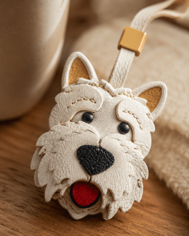 Close-up of handmade white dog leather charm with black nose, red tongue, and stitched fur details
