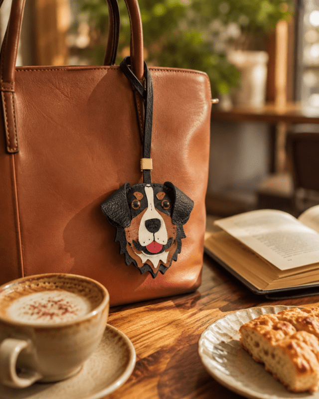 Handmade Bernese mountain dog leather bag charm hanging on a brown handbag in a warm coffee shop