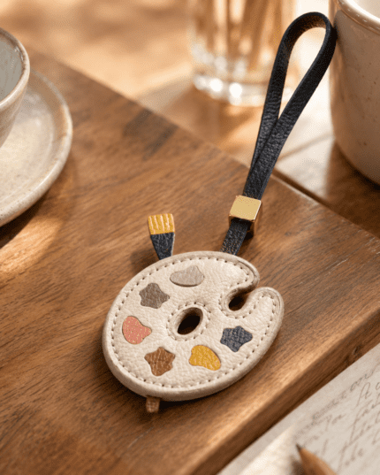 Handmade leather artist palette bag charm hanging on brown tote bag, coffee and book nearby