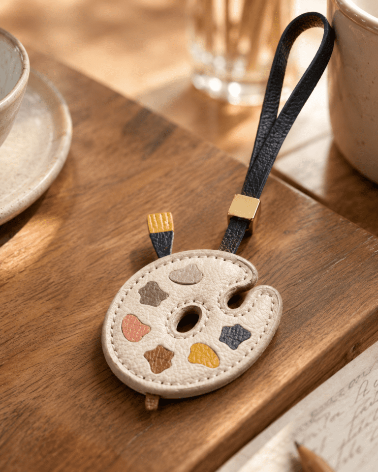 Handmade leather artist palette bag charm hanging on brown tote bag, coffee and book nearby
