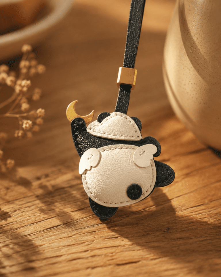 Close-up of handmade leather cow charm on wooden table with gold slider and black strap