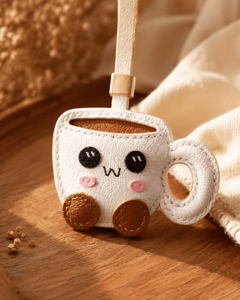 Close-up of handmade leather coffee cup bag charm with white leather texture, pink cheeks, brown stitched feet, and gold slider.