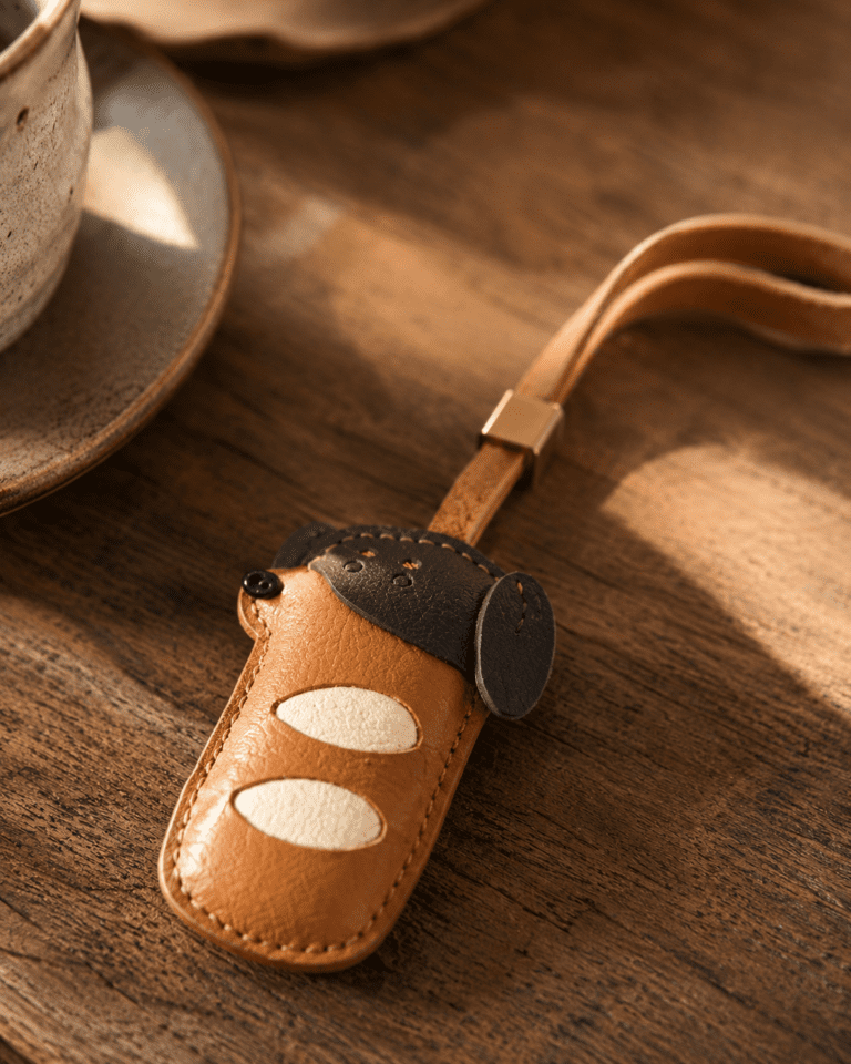 Close-up of handmade brown leather dog bag charm showing dark ear, cream patches, leather texture, stitching, and gold slider.