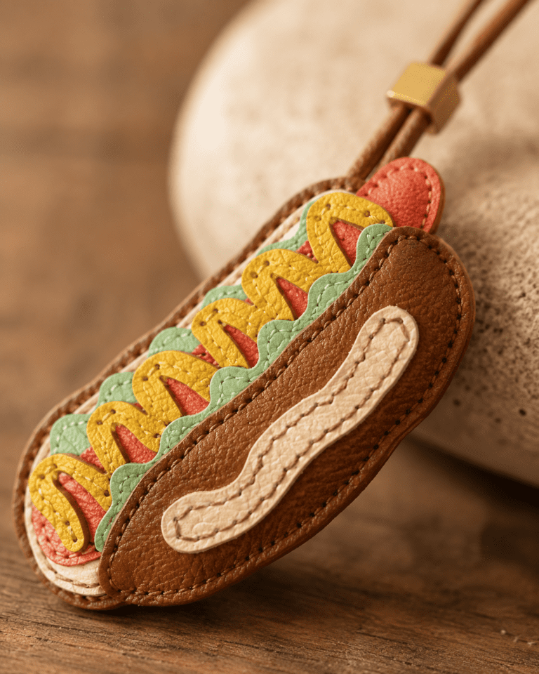 Close-up of a handmade leather hot dog bag charm showing brown bun, yellow mustard, red sausage, green relish, stitched edges, strap, and gold slider.
