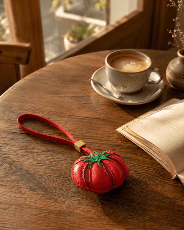 Handmade red tomato leather bag charm lying on a wooden café table beside latte art and an open book in warm sunlight.