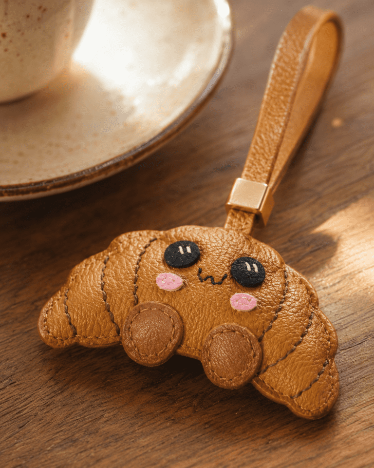 Close-up of a handmade croissant leather bag charm showing stitched layers, smiling face, pink cheeks, caramel strap, and gold slider.