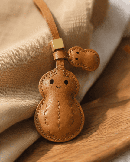 Close-up of a handmade peanut leather bag charm showing stitched leather texture, smiling face, small peanut side charm, caramel strap, and gold slider.