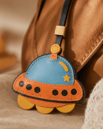 Close-up of a handmade UFO leather bag charm showing blue leather texture, orange trim, black dots, yellow star, gold slider, and stitched details.
