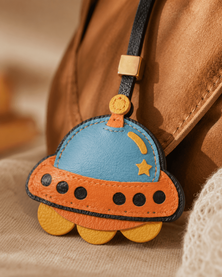 Close-up of a handmade UFO leather bag charm showing blue leather texture, orange trim, black dots, yellow star, gold slider, and stitched details.