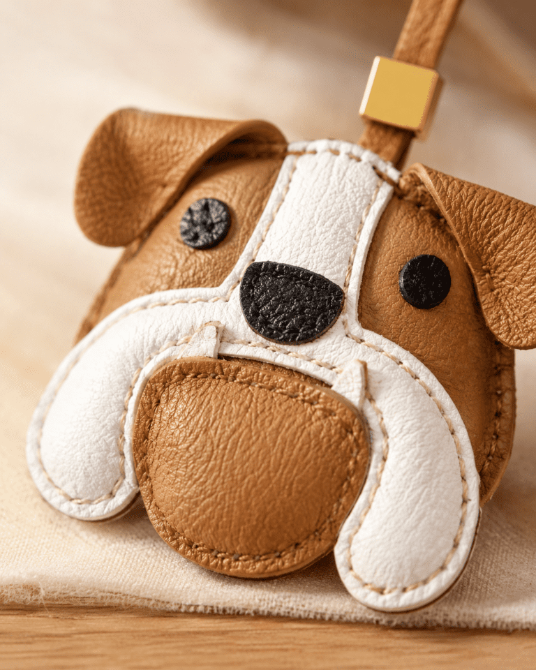 Close-up of handmade leather dog bag charm showing white muzzle, black nose, brown ears, and stitching