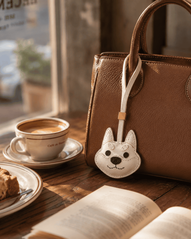 Cream leather dog bag charm hanging from a brown handbag beside coffee and an open book
